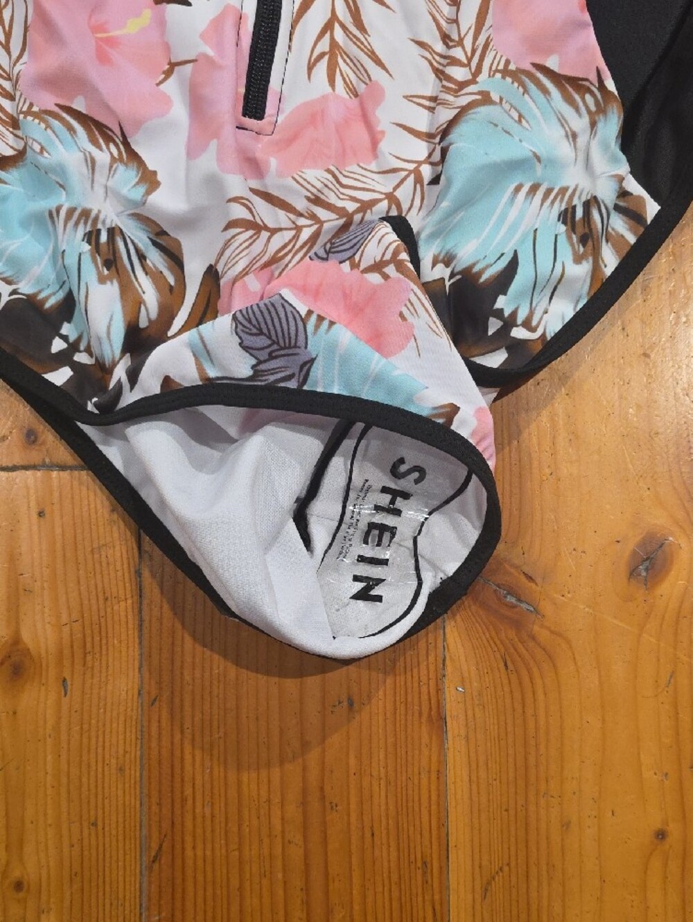 SHEIN Black Panel Floral Long-Sleeve One-Piece Swimsuit - Pink Blue Brown - Picture 2 of 3